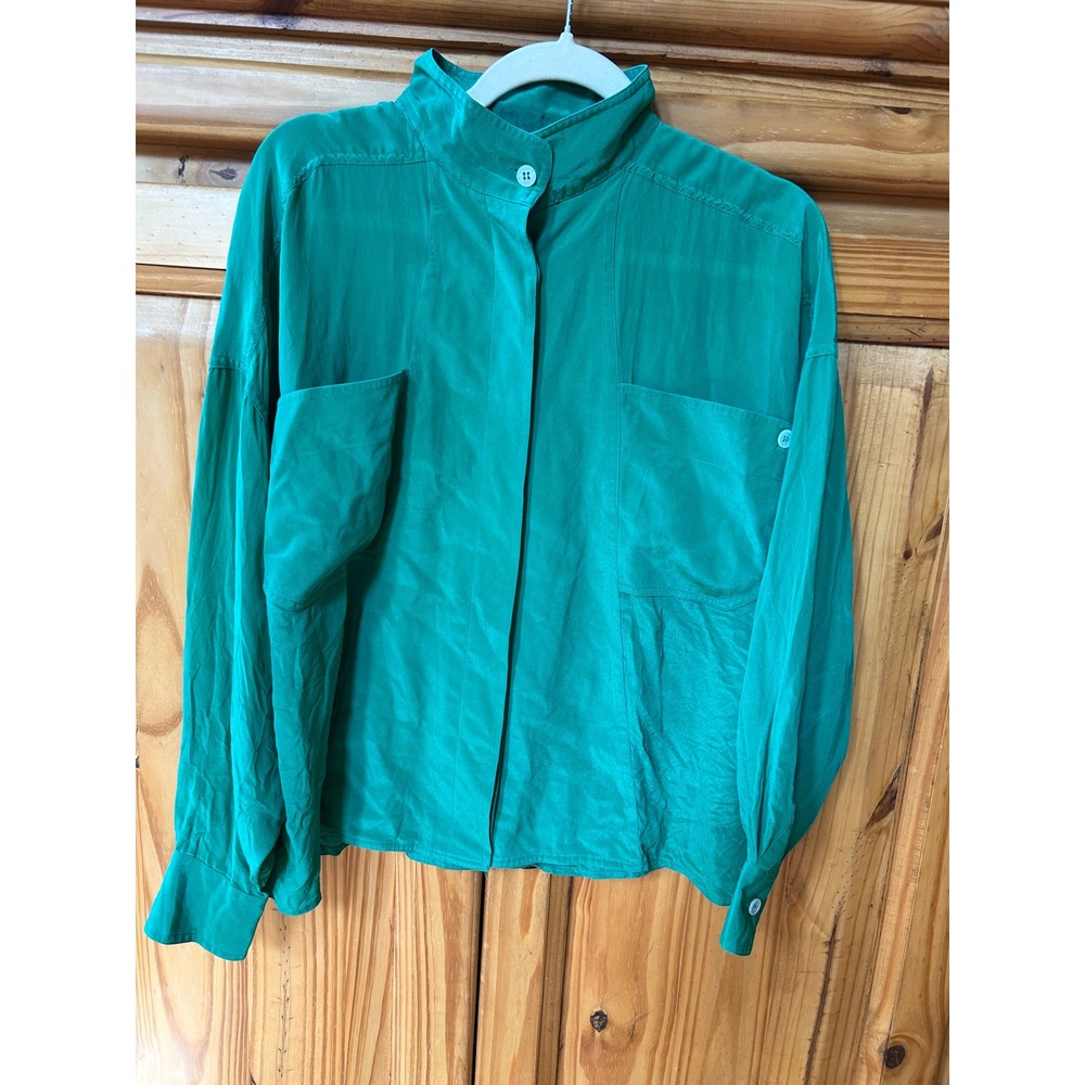 Adam Douglass Vintage Emerald Green 100% Silk Mock Neck Button Down Blouse Sz 12